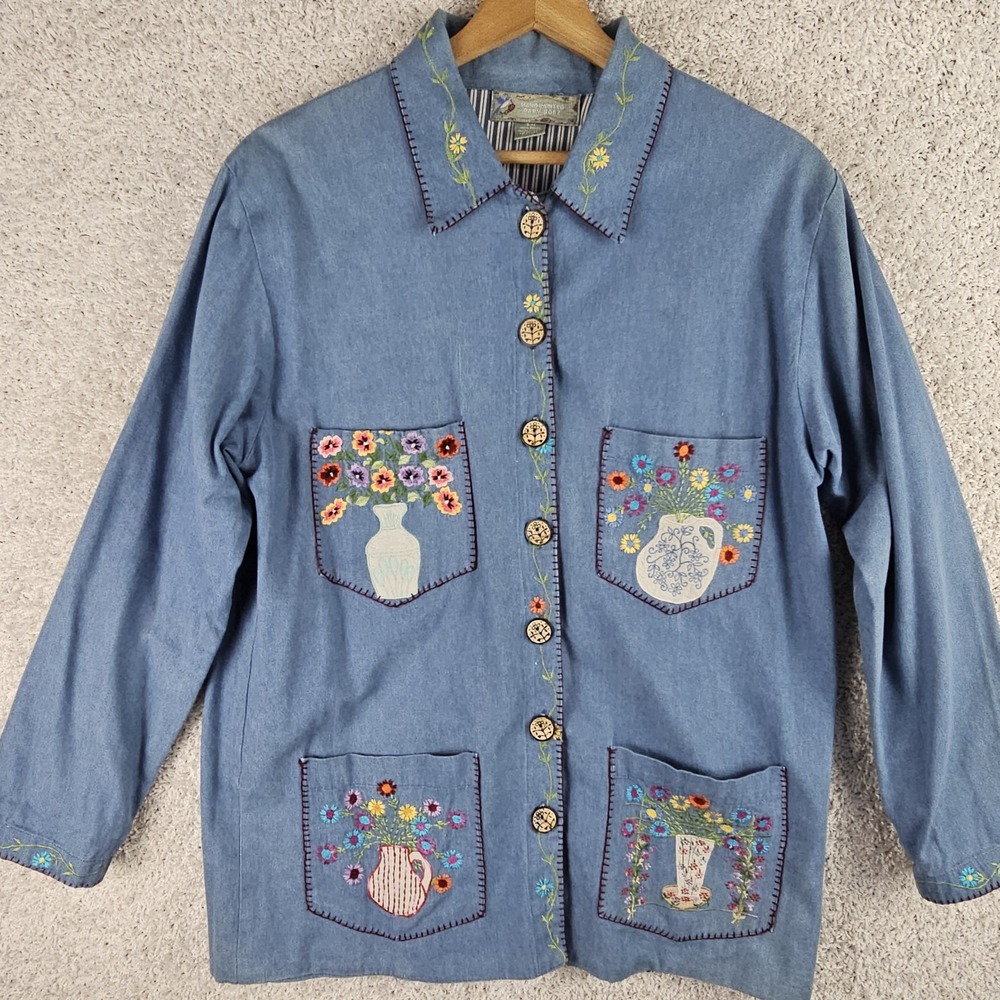Cottagecore Papy Boez Size Large Embroidered Flowers Spring Garden Hand Painted